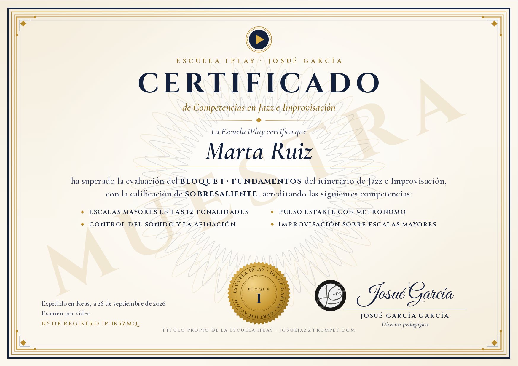 Muestra del Certificado de la Escuela iPlay